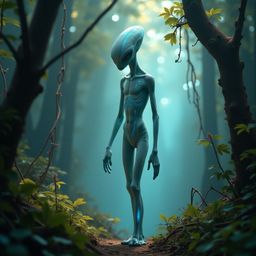 A statuesque alien being with pale gray skin, etched with swirling patterns of blue and green luminescence, traverses a dense