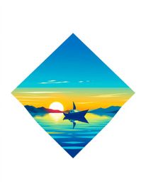 A geometric logo depicts a boat on a sunset lake, brought to life with vibrant electric blues, greens, and yellows. The desig