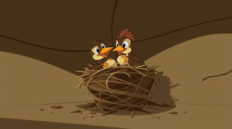A captivating image showcases two cartoon birds meticulously constructing a nest in the style of classic animation. The scen