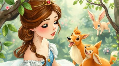 A beautiful princess with delicate features is depicted singing alongside forest animals in a captivating vintage 2D animatio
