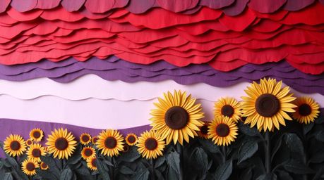 This layered papier-mâché artwork captures the vibrant energy of a sunflower field contrasted against a dramatically deep red