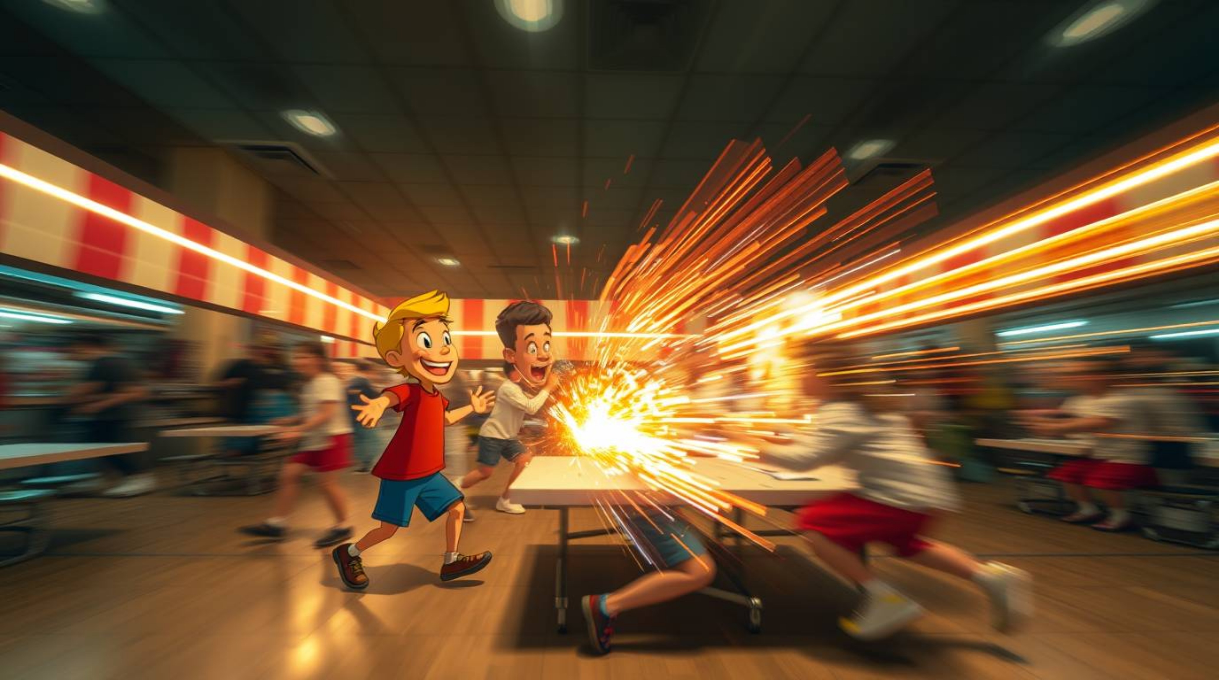 Experience the chaos and energy of a cartoon cafeteria food fight captured with long exposure photography. This image emphasi