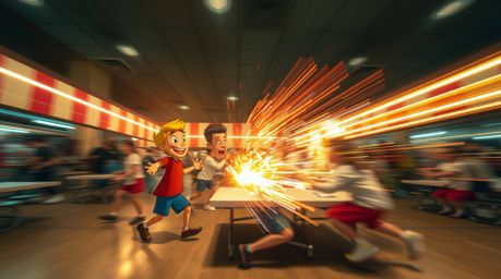 Experience the chaos and energy of a cartoon cafeteria food fight captured with long exposure photography. This image emphasi