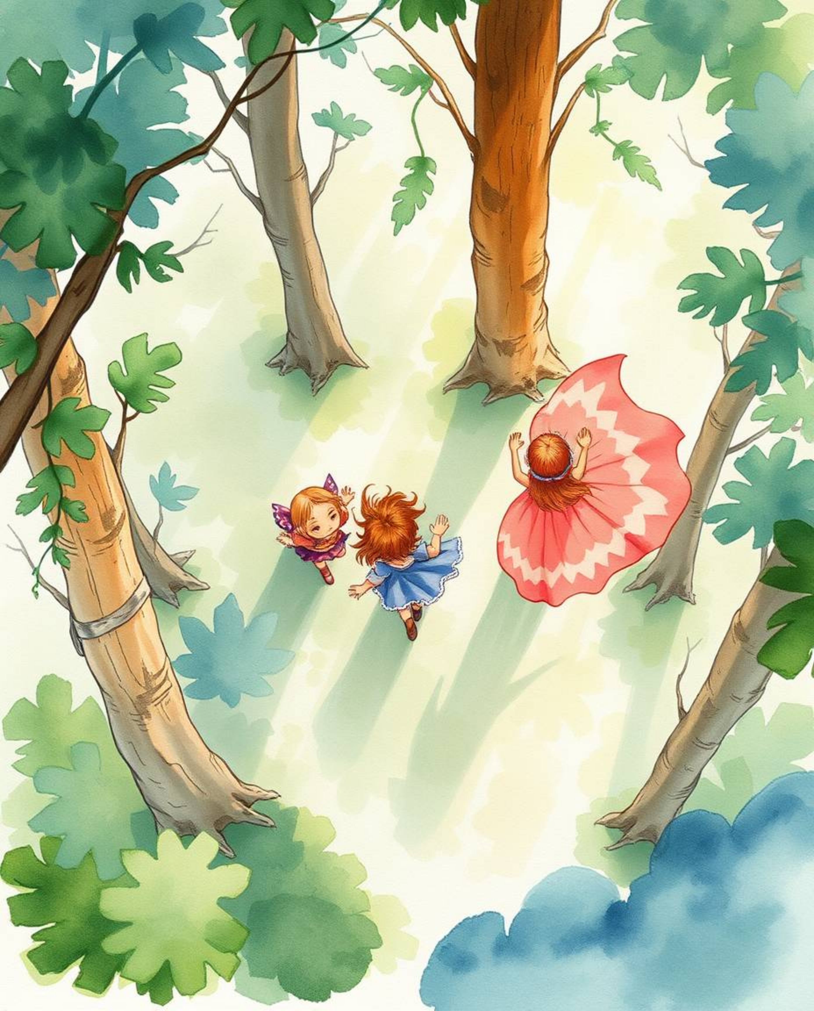 A delicate watercolor painting captures a bird's-eye view of a group of friends with unique powers as they explore a vibrant 