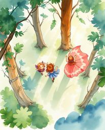 A delicate watercolor painting captures a bird's-eye view of a group of friends with unique powers as they explore a vibrant
