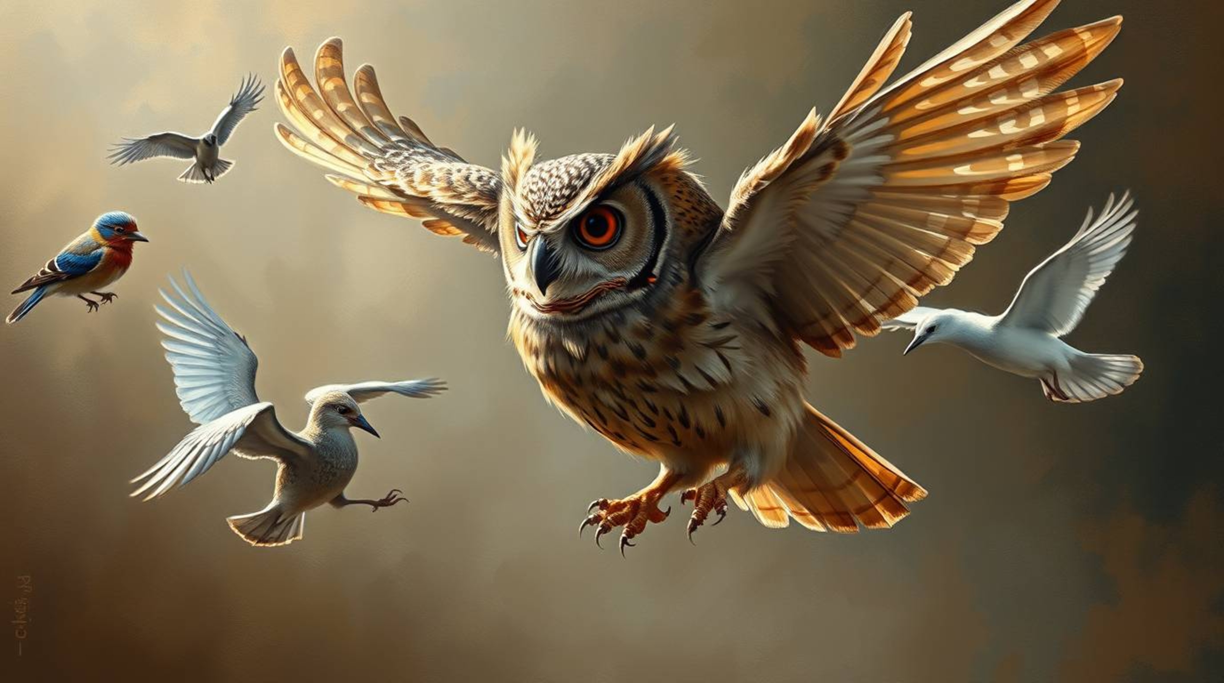 A classic oil painting, Pixar-inspired, depicting a blind owl imparting flight wisdom to birds preparing to take off. The art