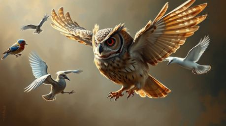 A classic oil painting, Pixar-inspired, depicting a blind owl imparting flight wisdom to birds preparing to take off. The art