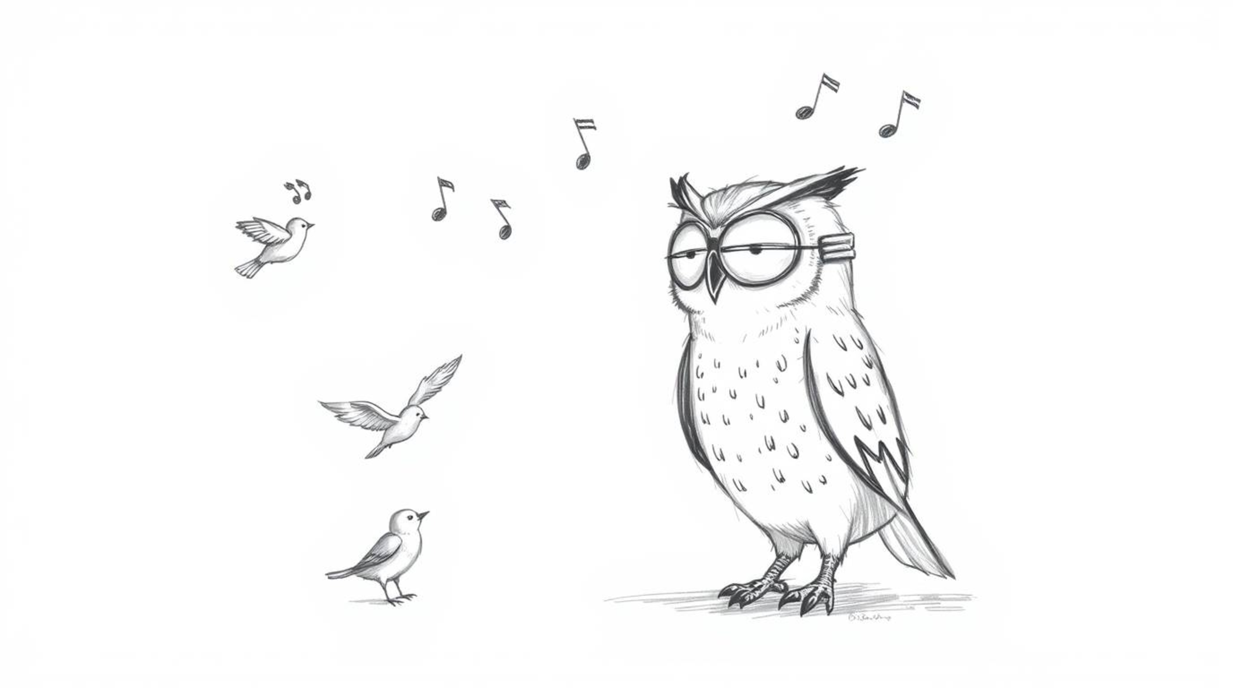 A heartwarming hand-drawn sketch in the style of Pixar, depicts a blind owl patiently instructing birds on the art of flight.
