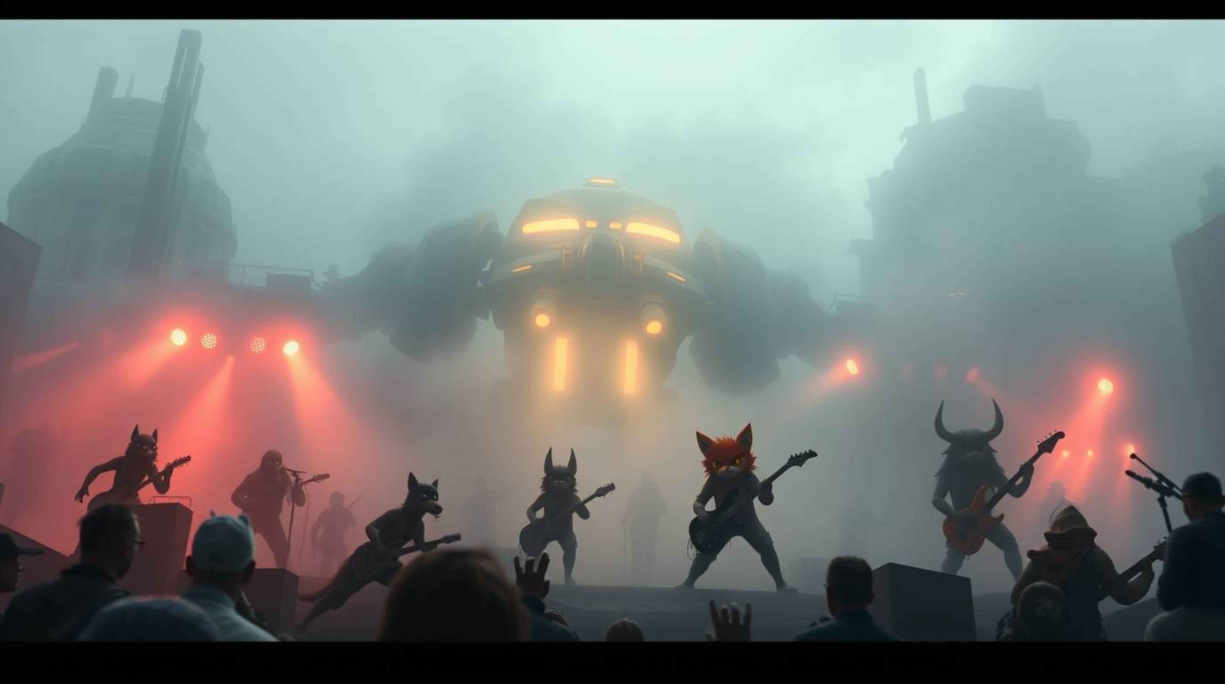 Experience an epic and grand scale scene set in a modern futuristic style, featuring a band of cartoon animals playing rock m