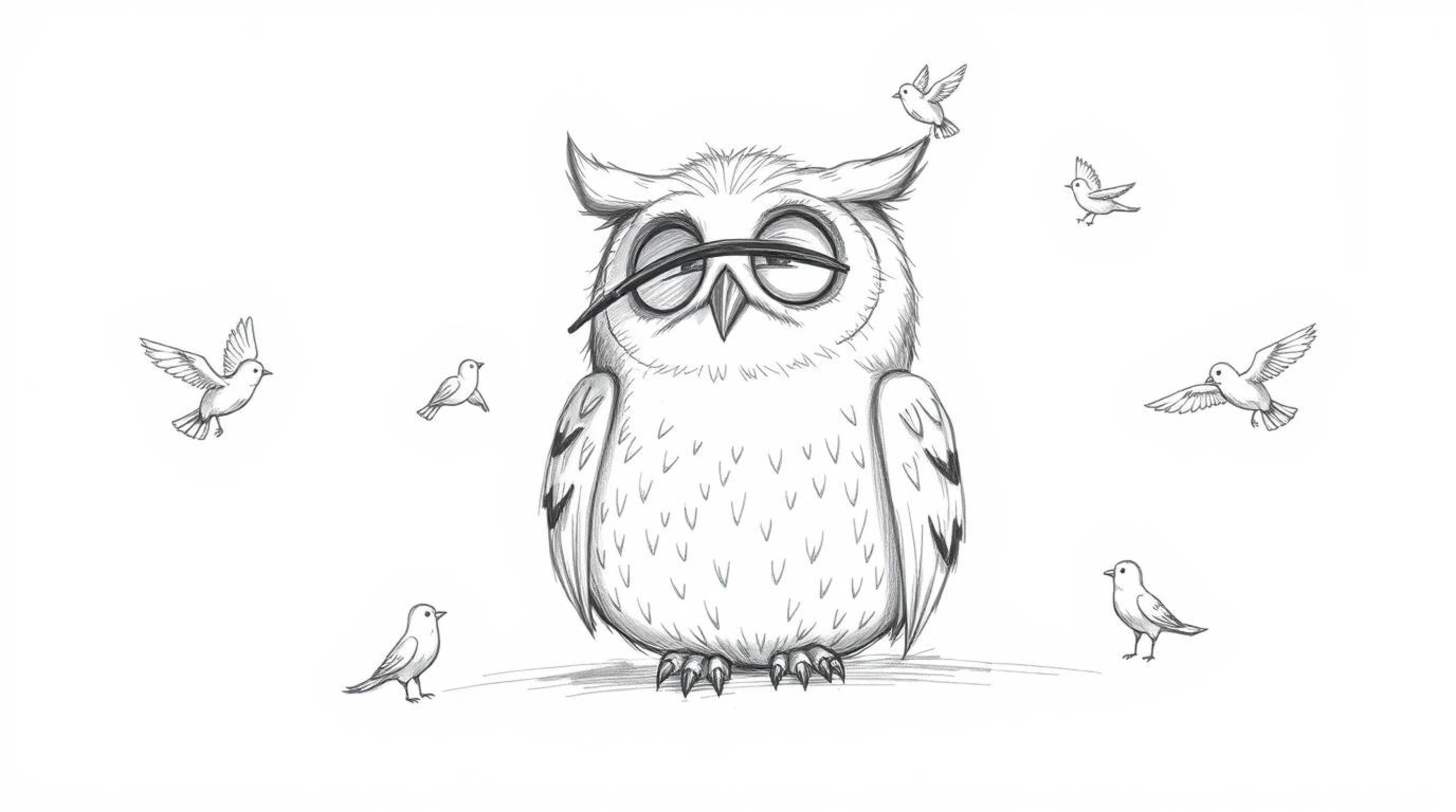 A hand-drawn sketch in Pixar style depicts a serene, blind owl with incredibly soft and detailed feathers against a clean whi
