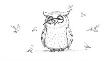 A hand-drawn sketch in Pixar style depicts a serene, blind owl with incredibly soft and detailed feathers against a clean whi