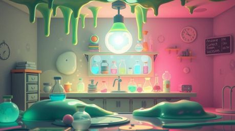 Discover charming, adorable slime art depicting a cute science lab.  This artistic creation features abstract patterns, paste