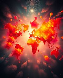 Explore a dreamlike surreal world map brought to life with bright splashes of reds, oranges, and yellows. This fantastical ar