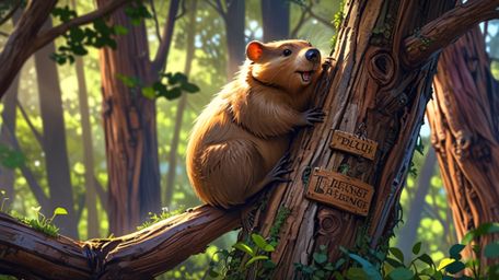 In a whimsical scene that blends the styles of Pixar and anime, a beaver is depicted building the perfect treehouse for orpha