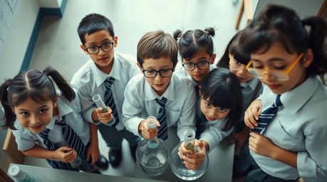 A captivating high-angle photograph showcases a group of quirky children in school uniforms conducting playful science experi