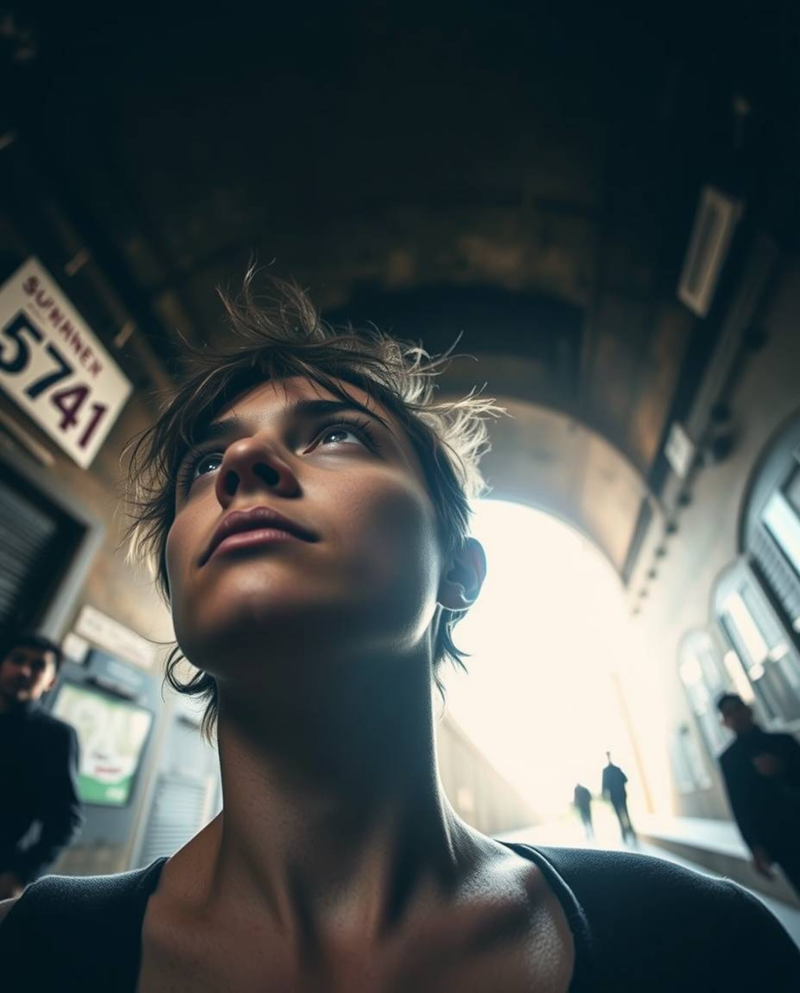 Candid street photography captures a person with fair skin and messy hair at a gritty tunnel entrance, gazing upwards towards