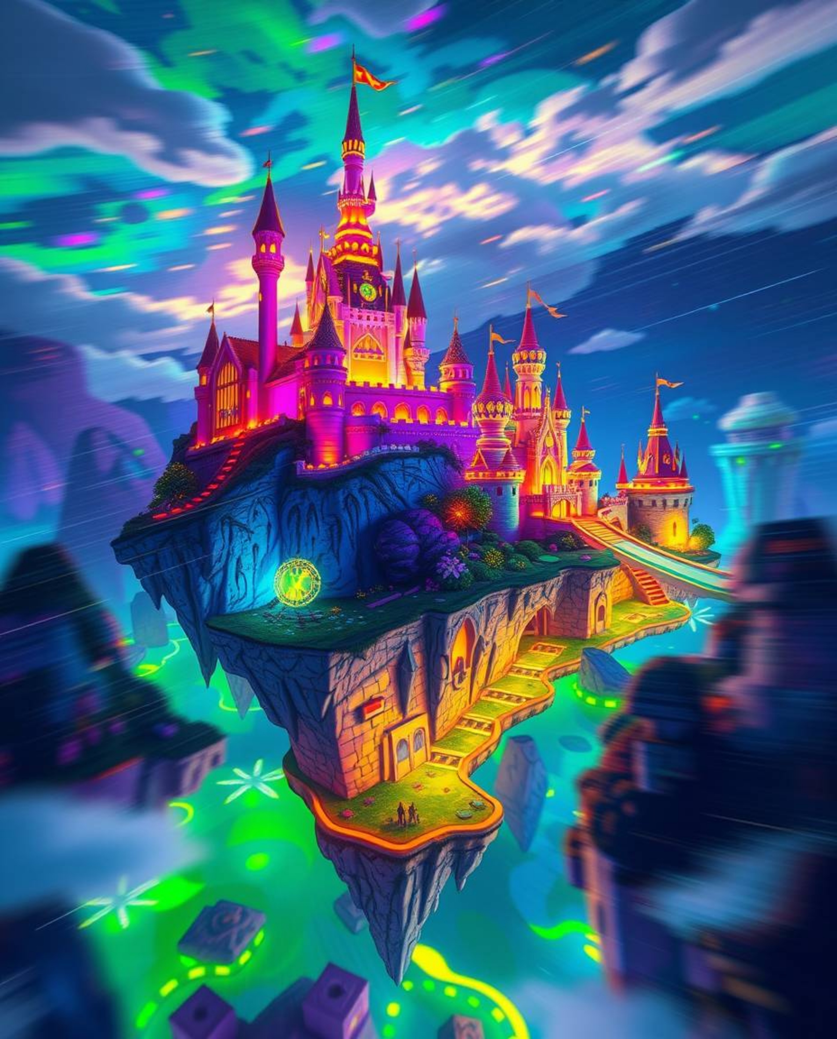 Discover a breathtaking fantasy kingdom filled with vibrant, bioluminescent colors.  Floating islands and castles soar throug