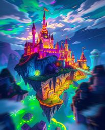 Discover a breathtaking fantasy kingdom filled with vibrant, bioluminescent colors. Floating islands and castles soar throug