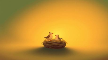 Delightful animation depicting two cartoon birds diligently constructing a nest during the warm glow of golden hour.  Rendere