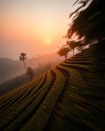 A cinematic style photograph captures a sunset over terraced tea plantations, characterized by dynamic motion and a unique co