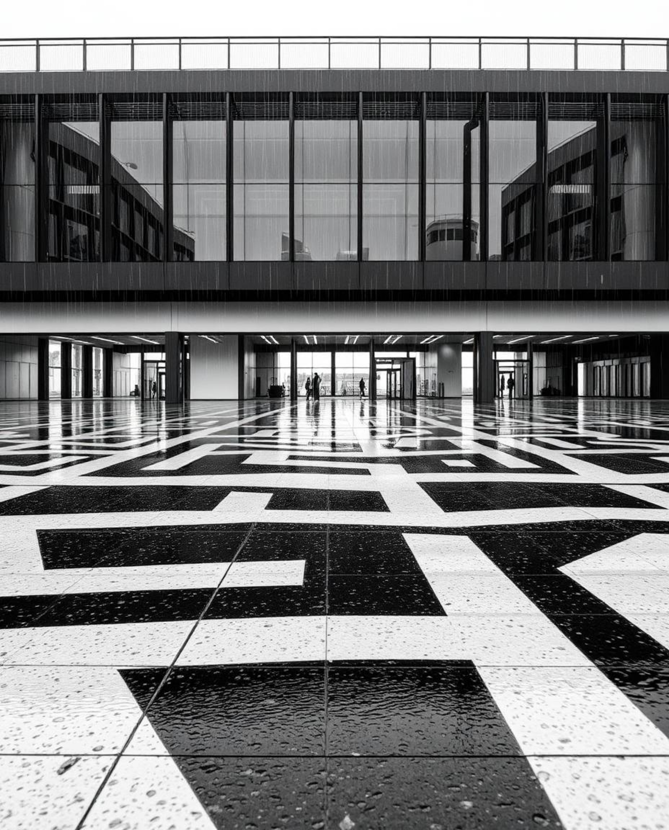 A stunning black and white architectural photograph captures a wet, rainy scene with a captivating geometric optical illusion