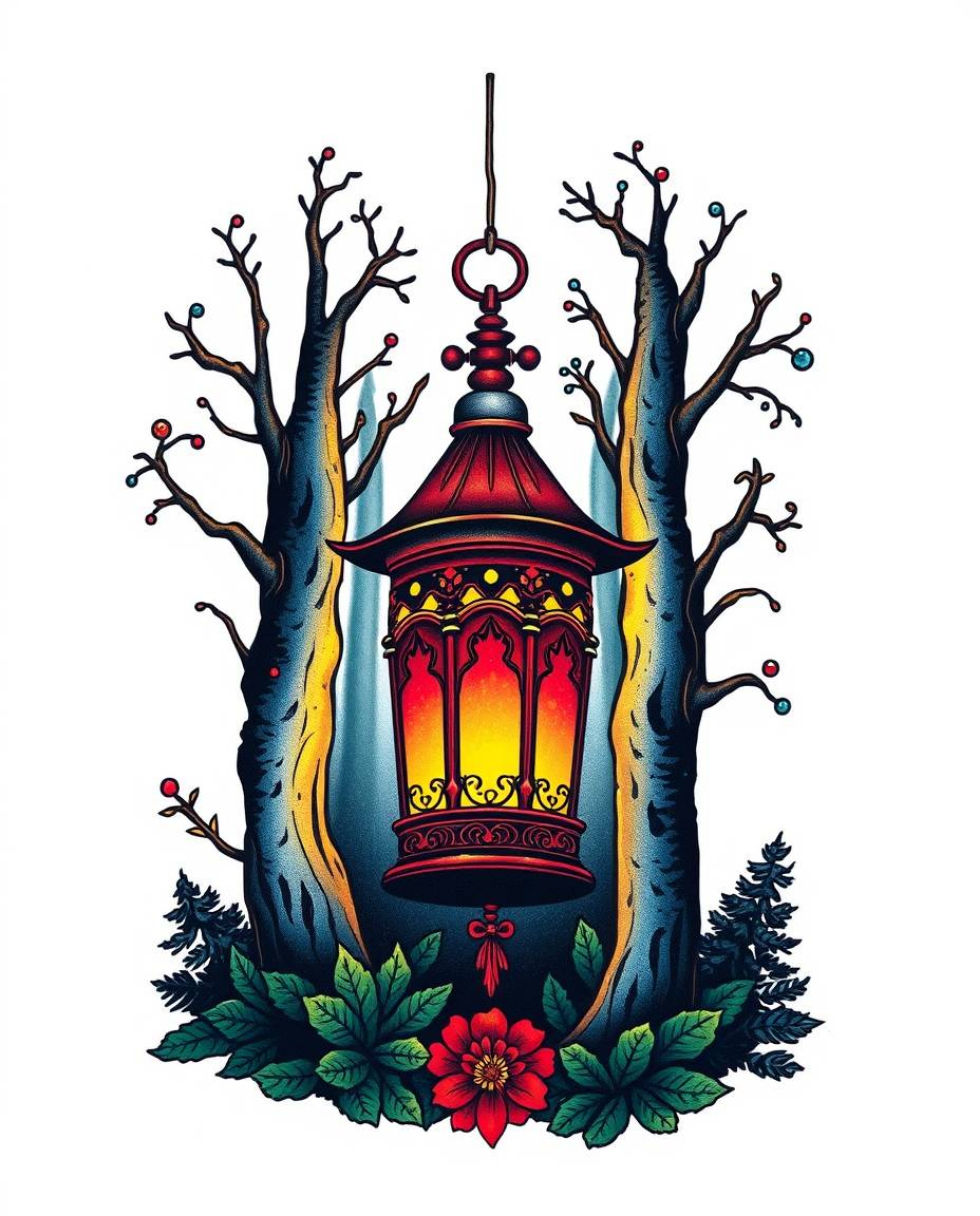 Discover stunning traditional tattoo art prints featuring a glowing lantern in a dark forest.  These vibrant designs boast a 