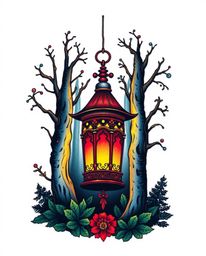 Discover stunning traditional tattoo art prints featuring a glowing lantern in a dark forest.  These vibrant designs boast a 