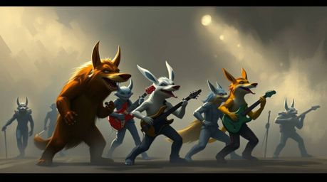 Immerse yourself in a dynamic digital sketch featuring a band of cartoon animals unleashing rock music with loose, painterly