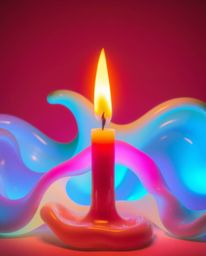 Vibrant, bright colors illuminate 3D abstract liquid forms, enhanced by the warm candlelight. Pastel hues are accentuated by 