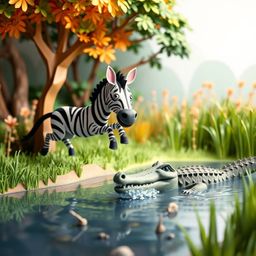 A delightful 3D cartoon scene unfolds with an intricate origami style, showcasing a zebra and crocodile in a near escape. The