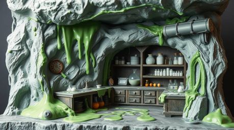 Explore a captivating and unique science lab rendered in graceful, elegant, sculpted papier-mâché, surprisingly covered in sl