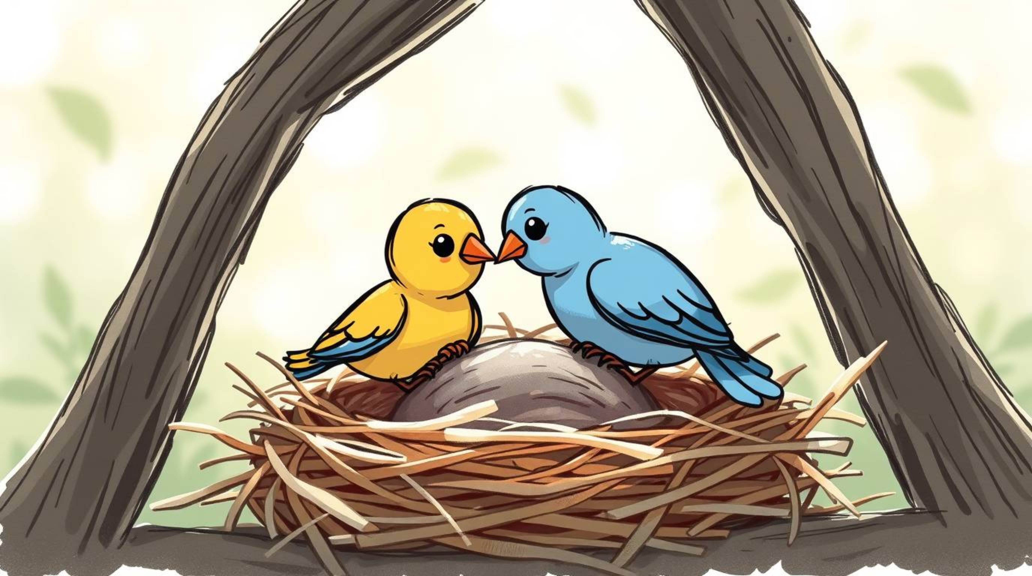 A charming hand-drawn sketchnote depicts two cartoon birds collaboratively constructing a nest. The classic animation style