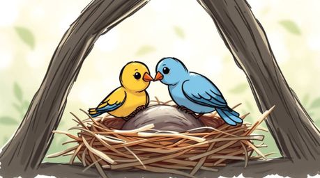 A charming hand-drawn sketchnote depicts two cartoon birds collaboratively constructing a nest. The classic animation style