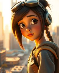A captivating close-up showcases a young inventor girl within a vibrant, futuristic cityscape. Rendered in a delightful Pixar