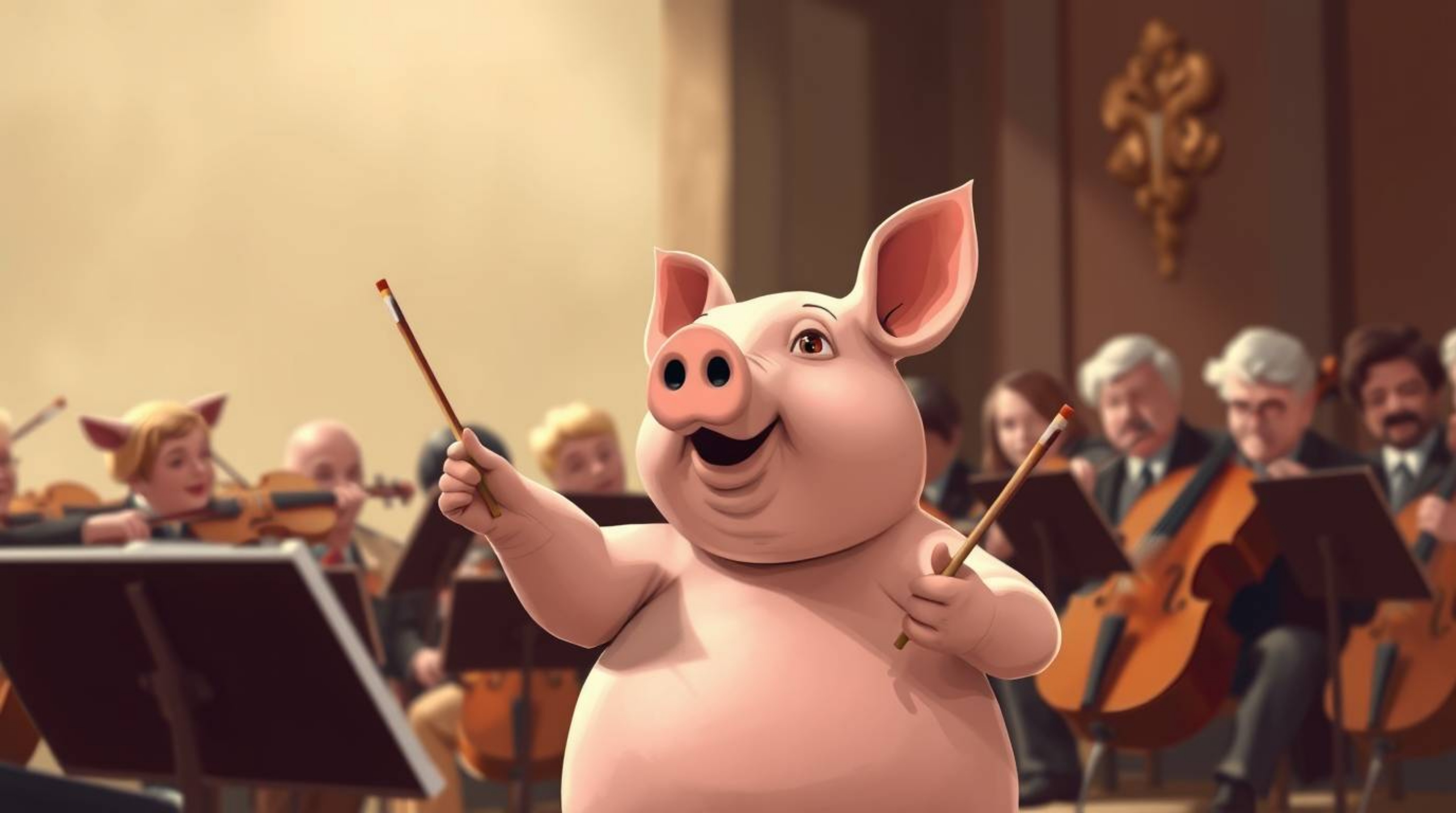 A captivating image of a realistic pig character attempting to conduct an orchestra.  The scene is rendered in natural earth 