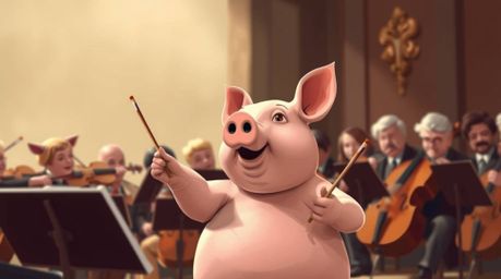 A captivating image of a realistic pig character attempting to conduct an orchestra.  The scene is rendered in natural earth 