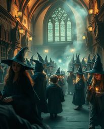Discover a captivating high-resolution stock photo of a magical school filled with young wizards.  This ethereal and dreamlik