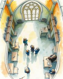 A delicate watercolor painting depicting a magical school filled with young wizards, rendered from a bird's eye view perspect