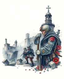 Immerse yourself in the soft cinematic haze of vibrant traditional tattoo art, depicting a battlefield of time-warped soldier