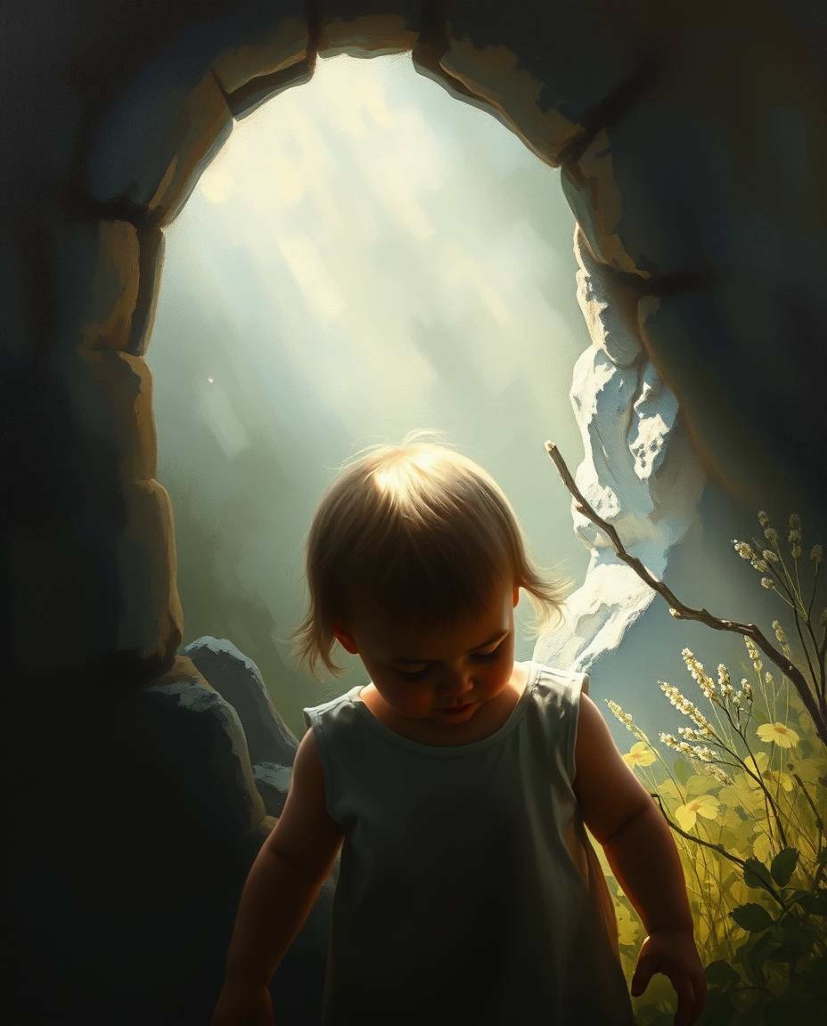 A captivating oil painting depicts a child with delicate features stumbling upon a magical portal in their hazy backyard. The