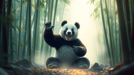 A vibrant image depicts a martial artist panda deeply meditating within a serene bamboo forest.  The scene is imbued with a s
