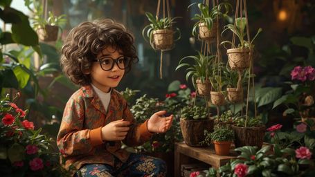 A highly detailed, high-resolution stock photo features a bespectacled, curly-haired young prodigy in a colorful, whimsical o