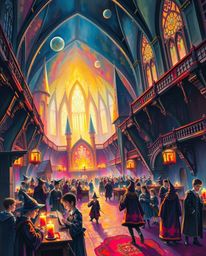 Experience an epic acrylic painting depicting a grand, futuristic magical school teeming with young wizards. The artwork show