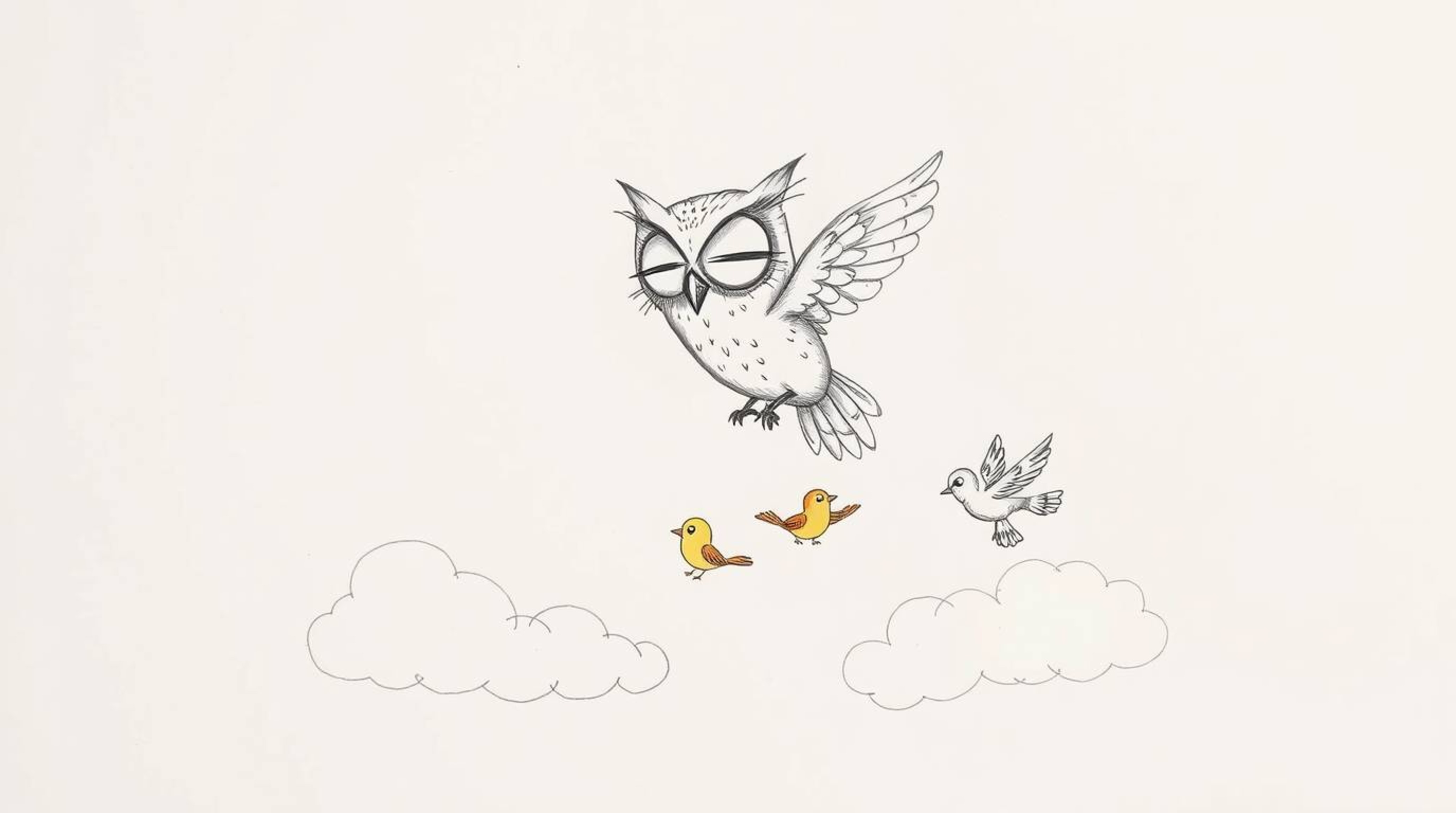 This is a Pixar-esque hand-drawn sketch featuring a blind owl, its features emphasized with rough pencil strokes, as it teach