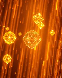 Immerse yourself in a captivating visual experience featuring glitched geometric shapes floating in a warm golden glow within
