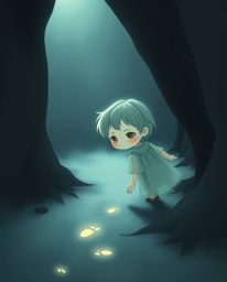 A child with ethereal features is drawn into a mysterious cave by a trail of faintly glowing footsteps. The artwork evokes a 