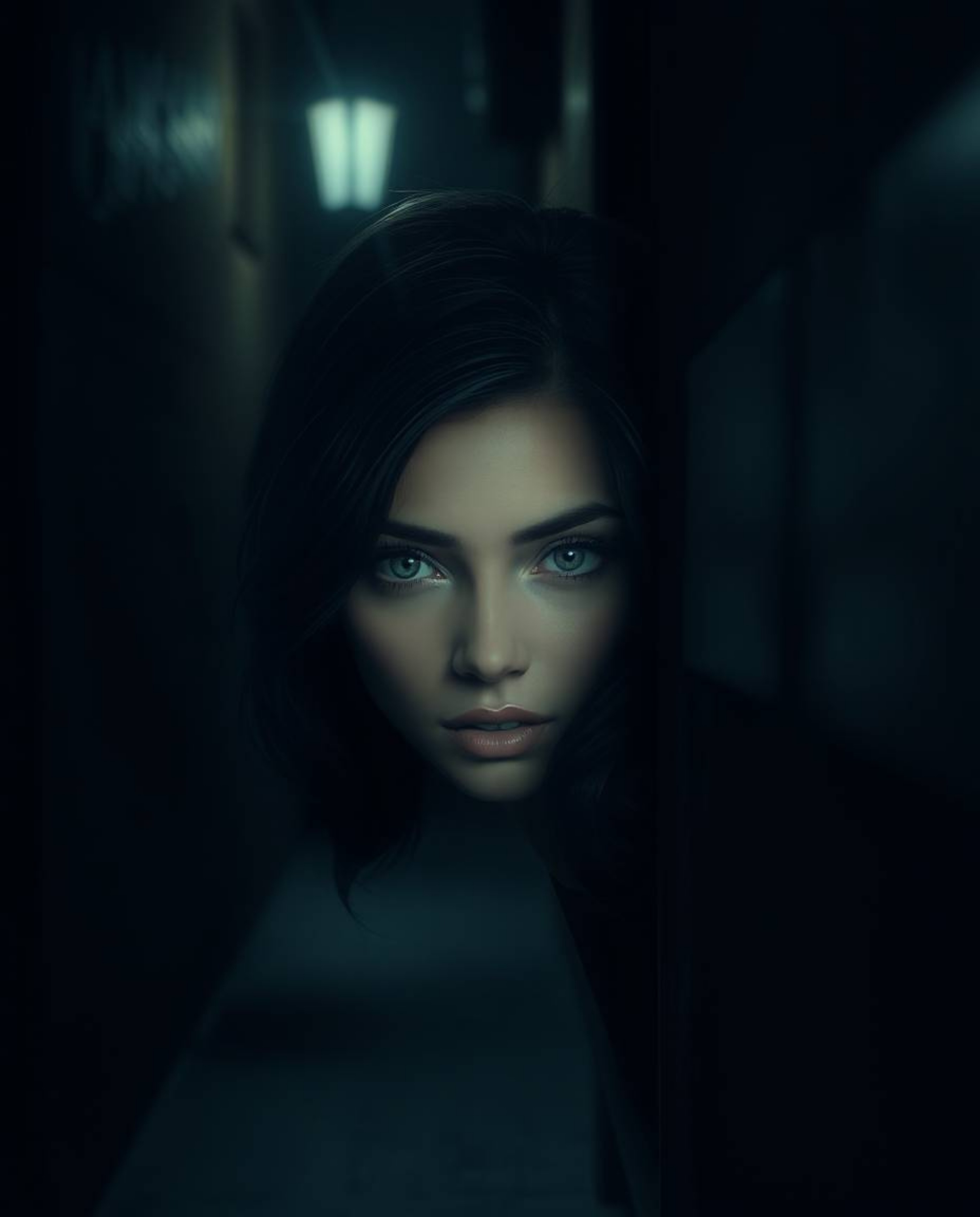 A graceful and elegant depiction of refined eyes observing from a shadowy alley at night, emphasizing delicate features and s