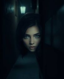 A graceful and elegant depiction of refined eyes observing from a shadowy alley at night, emphasizing delicate features and s