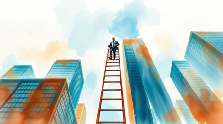 A captivating watercolor painting depicting the abstract concept of success.  A businessperson ascends a transparent ladder r