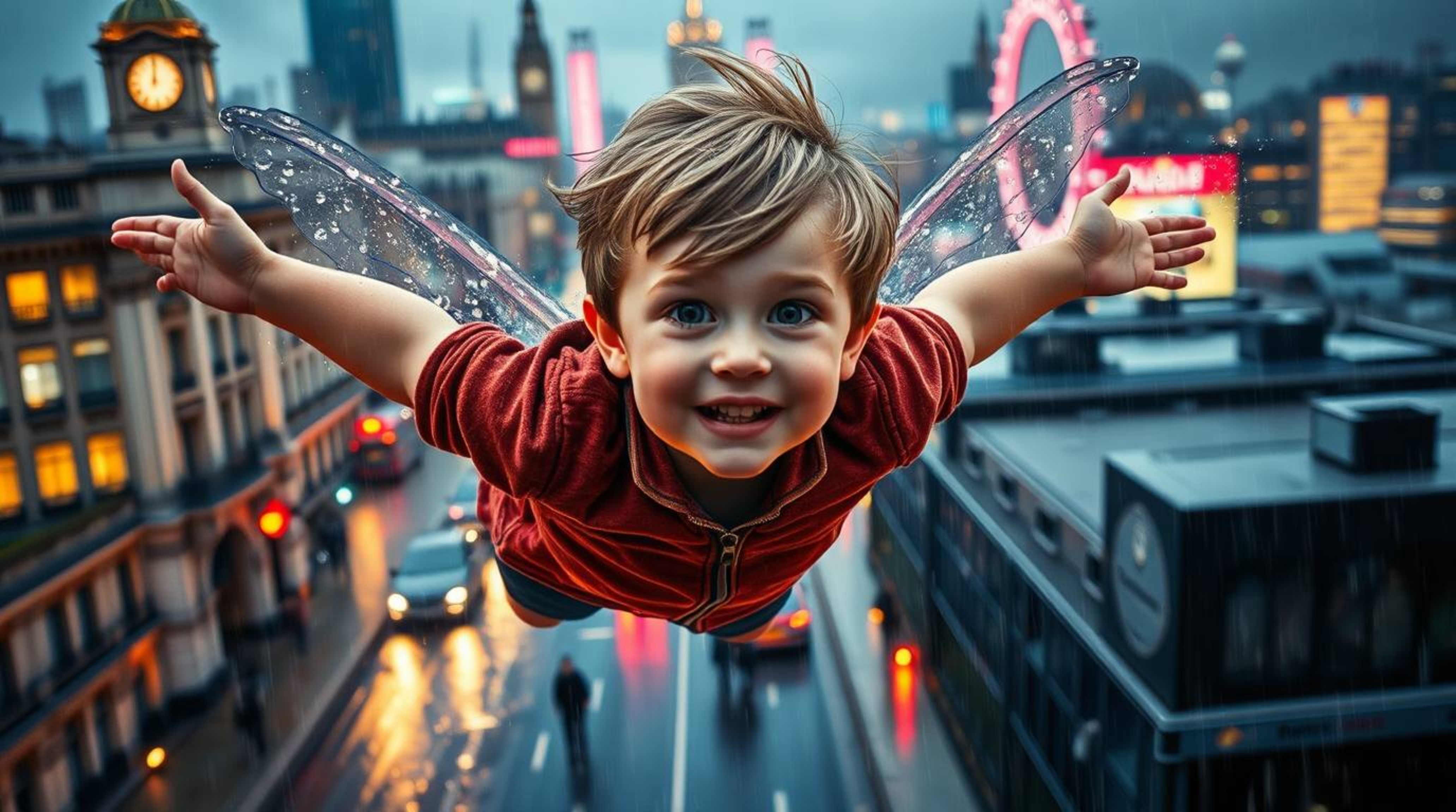 A captivating scene depicts a young boy with rosy cheeks and bright eyes soaring above a rain-kissed London cityscape, propel